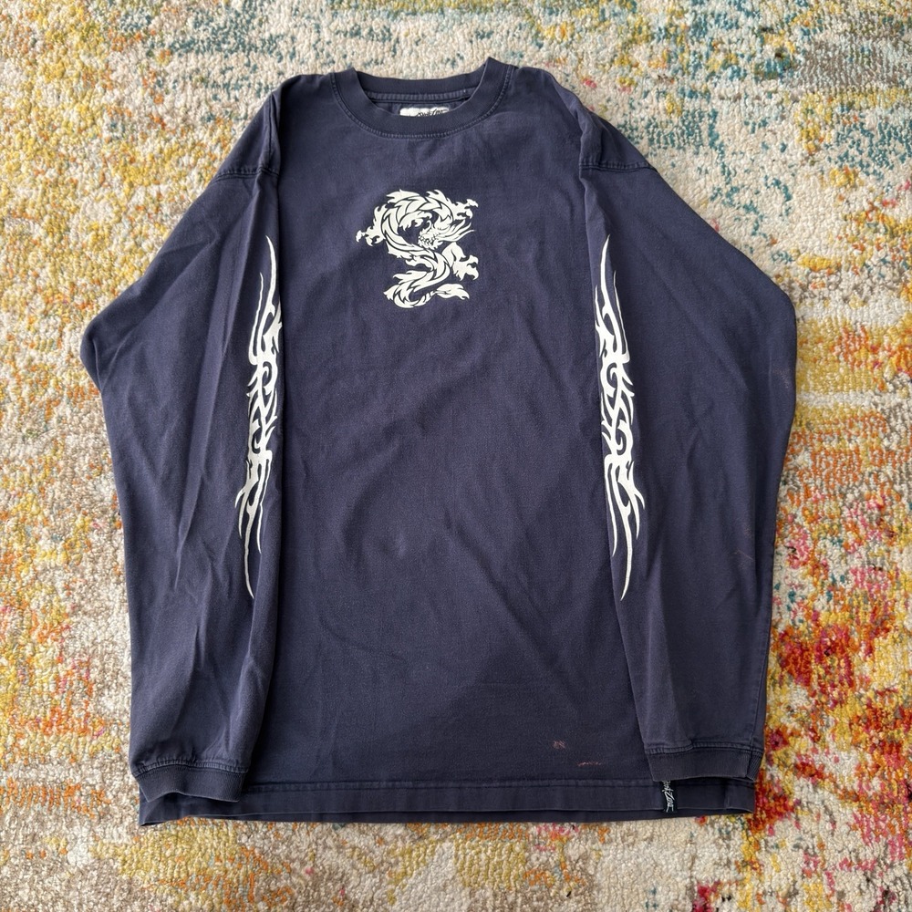 Y2K Point Zero Tribal Dragon Long Sleeve Shirt Navy Blue Size L Fits Like M